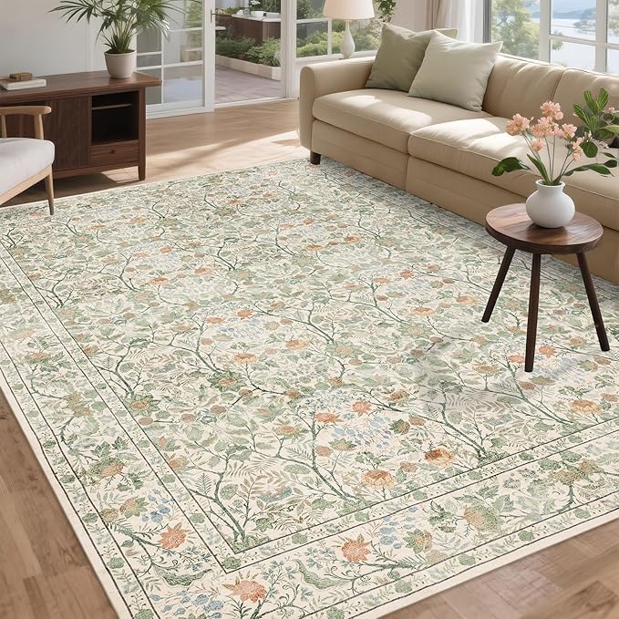 Washable Living Room Rug: 9x12 Boho Floral Soft Area Rug for Bedroom Decor - Vintage Low Pile Thin Carpet for Dining Room Non-Slip - Farmhouse Stain Resistant Rugs - Beige Green
