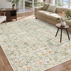 Washable Living Room Rug: 8x10 Boho Floral Soft Area Rug for Bedroom Decor - Vintage Low Pile Thin Carpet for Dining Room Non-Slip - Farmhouse Stain Resistant Rugs - Beige Green