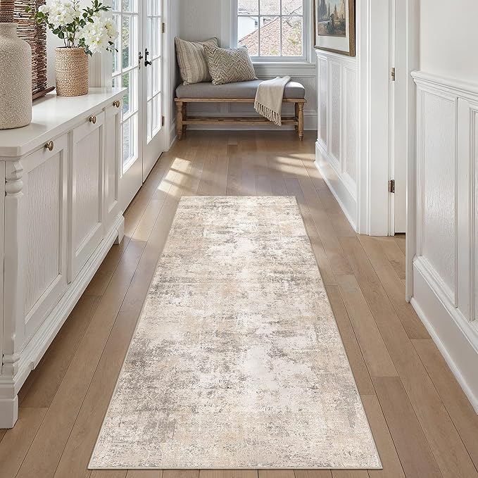 2x5 Washable Runner Rug Beige Grey Abstract Hallway Kitchen Throw Rug Neutral Modern Non Slip Soft Low Pile Carpet for Bathroom Laundry Bedroom Living Room