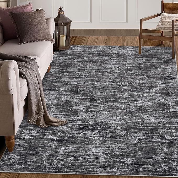 RUGSREAL 8x10 Washable Rug for Living Room Non-Slip Modern Abstract Area Rug Stain Resistant Large Bedroom Rug Contemporary Accent Throw Floor Carpet Solid Rug for Dining Room Home Decor, Dark Grey
