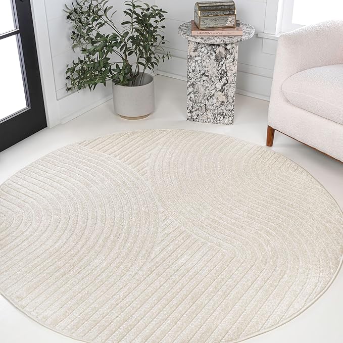 JONATHAN Y Hallie High-Low Curve Ivory/Cream 8' Round Indoor/Outdoor Area Rug, Minimalist, Pet Friendly, Non-Shedding, Stain Resistant, Hose-Washable for Backyard, Patio, Porch (SCN100B-8R)