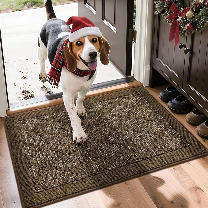 COSY HOMEER Non-Slip Door Mat 20"x32", Entryway Rugs Low Profile Absorbent Dirt Trapper Doormat for Front Entrance, Washable Polypropylene Entry Mat (Dark Brown)