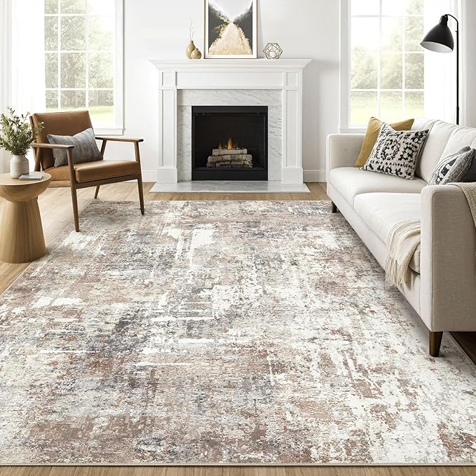 10x14Ft Area Rugs Living Room: Washable Large Abstract Modern Soft Rug Stain Resistant Indoor Floor Non Slip Accent Carpet for Bedroom Nursery Playroom Office Dining Room Dorm Home- Brown