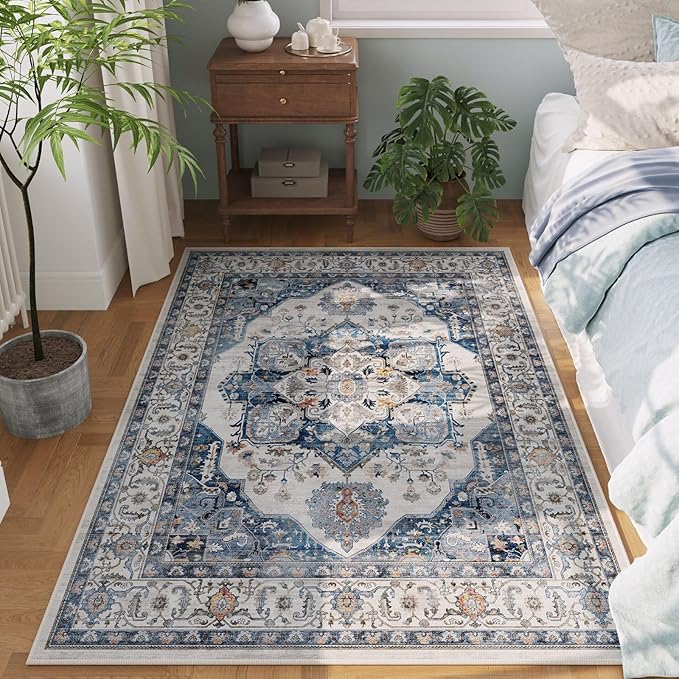 Rugcomf Vintage Medallion 4'x6' Rug - Machine Washable Area Rug, Non-Slip Low Pile Boho Carpet for Girl/Boys Room, Living Room, Kids, Entry - Blue