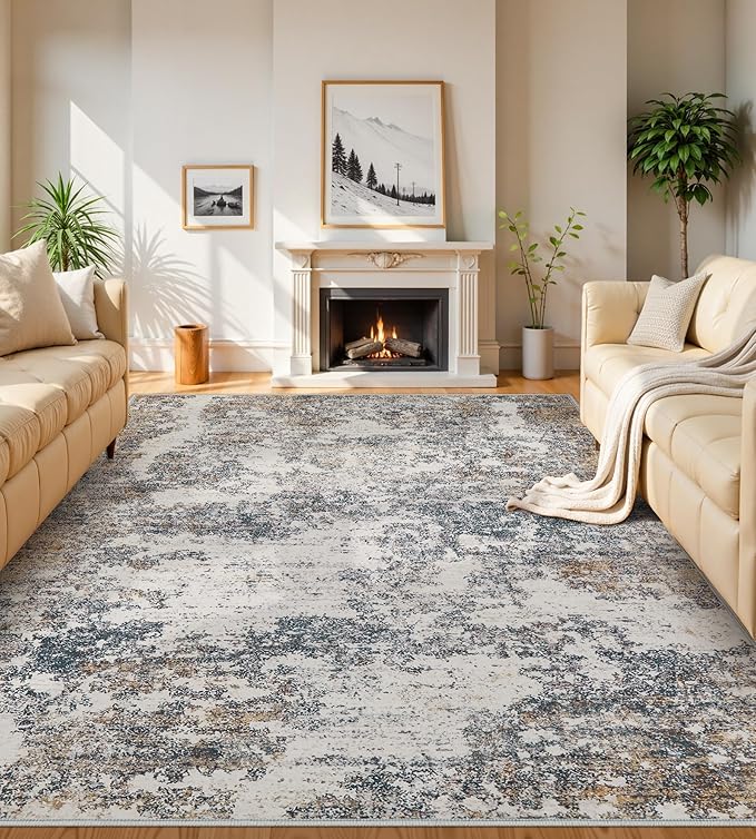 8x10 Area Rugs Machine Washable - Modern Abstract Large Rugs for Living Room Soft Anti-Skid Thin Carpet for Bedroom, Under Dining Table, Nursery, Farmhouse,Home Office (8'x10' Tan Blue)