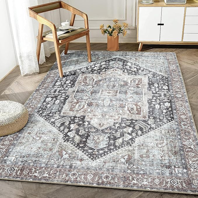Bloom Rugs Washable Non-Slip 4' x 6' Rug - Charcoal/Brown Traditional Medallion Area Rug for Living Room, Bedroom, Dining Room, and Kitchen - Exact Size: 4' x 6'