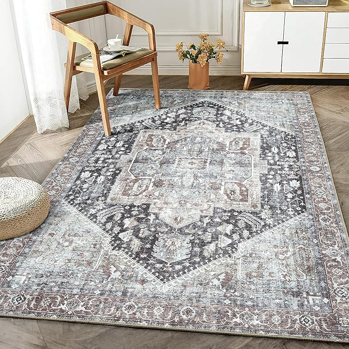 Bloom Rugs Washable Non-Slip 3' x 5' Rug - Charcoal/Brown Traditional Medallion Area Rug for Living Room, Bedroom, Dining Room, and Kitchen - Exact Size: 3' x 5'