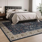 6x9 Washable Blue Area Rug for Living Room Bedroom, Boho Dining Room Rugs for Under Table, Large Low Pile Non-Slip Vintage Print Carpets for Farmhouse, Office, Dorm