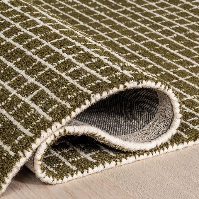 Rugs USA 6x9 Melrose Checked Wool Indoor Area Rug, Contemporary Farmhouse Moss/Ivory for Living Room, Bedroom, Office, Entryway, Hallway