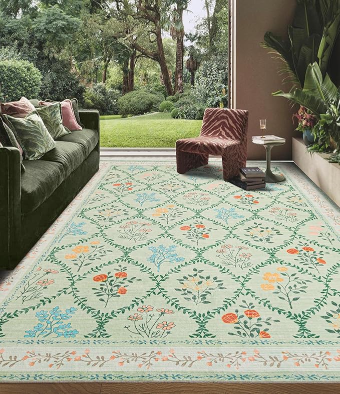 YIHOUSE 8x10 Washable Rug for Living Room, Green Floral Rugs for Bedroom Boho Area Rug Non Slip Ultra-Thin Large Rug for Kids Playroom, Classroom, Girls Dorm, Nursery, Green Multi