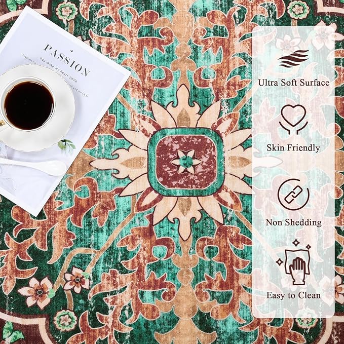 U'Artlines Boho Vintage Round Area Rug 8ft Machine Washable Low Pile Soft Floor Carpet Non Slip Non Shedding Accent Rug for Living Room Bedroom Entryway Dining Room Office Rust＆Teal