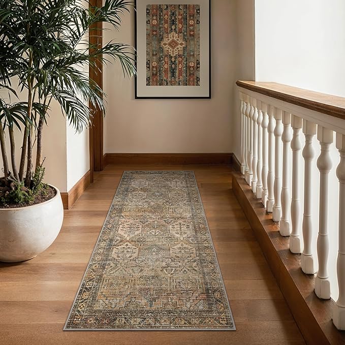 Bavni Kitchen Rug 2x7 Runner Rugs for Hallways Entryway, Washable Vintage Print Carpet, Ultra-Thin Chenille Low Pile Lightweight Rug with Non Slip Backing, Warm Taupe
