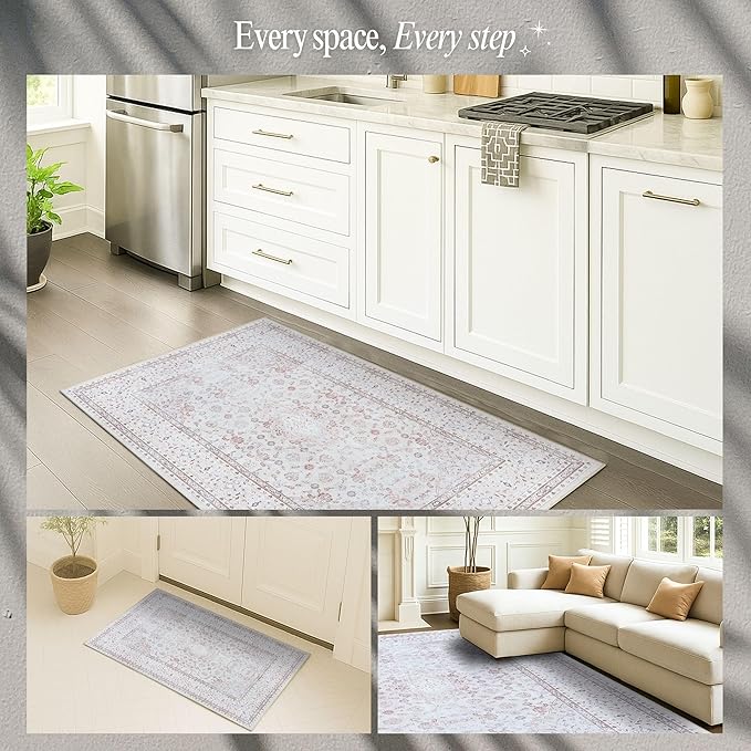 Fame Rugs Turkish Rug. Washable Vintage Oriental Antique Inspired Traditional Doormat Small Modern Area Rugs Luxury Entryway Entry Bedroom Bathroom Kitchen (411CC, 2'5 x 6'9)