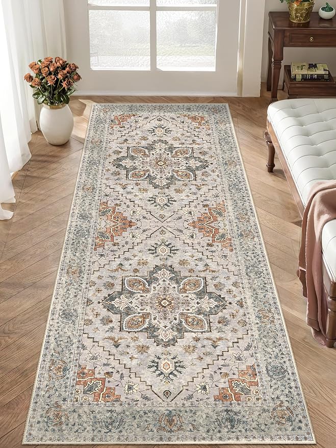 Tangsoo 2x6 Washable Runner Rug for Hallways, Non Slip Vintage Runner Rugs, Soft Low Pile Long, Print Distressed Greye Carpet Runners for Kitchen Bedroom Entryway Bathroom Living Room