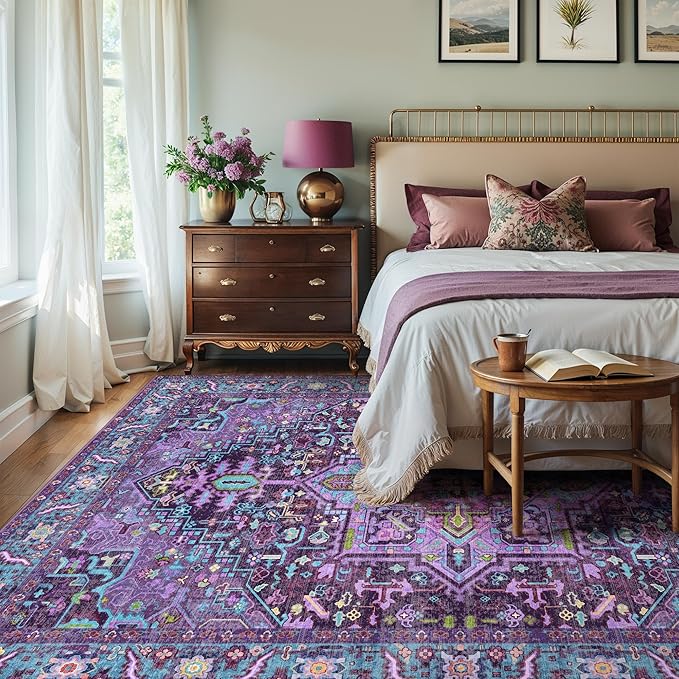 Kokia 6x9 Washable Area Rugs Violet Purple with Vintage Orient Design Soft Rug for Living Room or Home Office Non-Slip Low Pile Stain Resistance Features Distressed Medallion Pattern