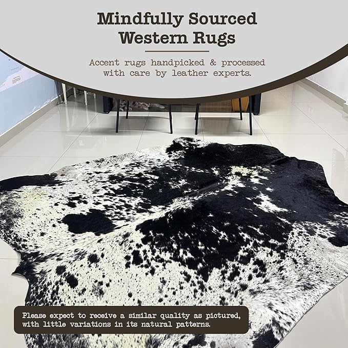 Genuine Cowhide Rug - Natural Leather Hide Rugs for Living Room & Area Rug for Bedroom - Real Cowhides Rug for Rustic Home Decor - Black Speckled Cowhide Rugs Collection, 6x6-7ft