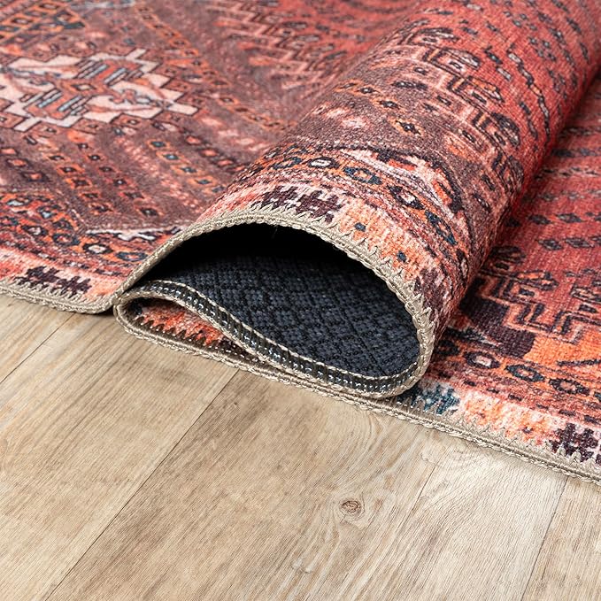 Bloom Rugs Washable Non-Slip 5' x 7' Rug - Red/Multicolor Traditional Bordered Area Rug for Living Room, Bedroom, Dining Room, and Kitchen - Exact Size: 5' x 7'