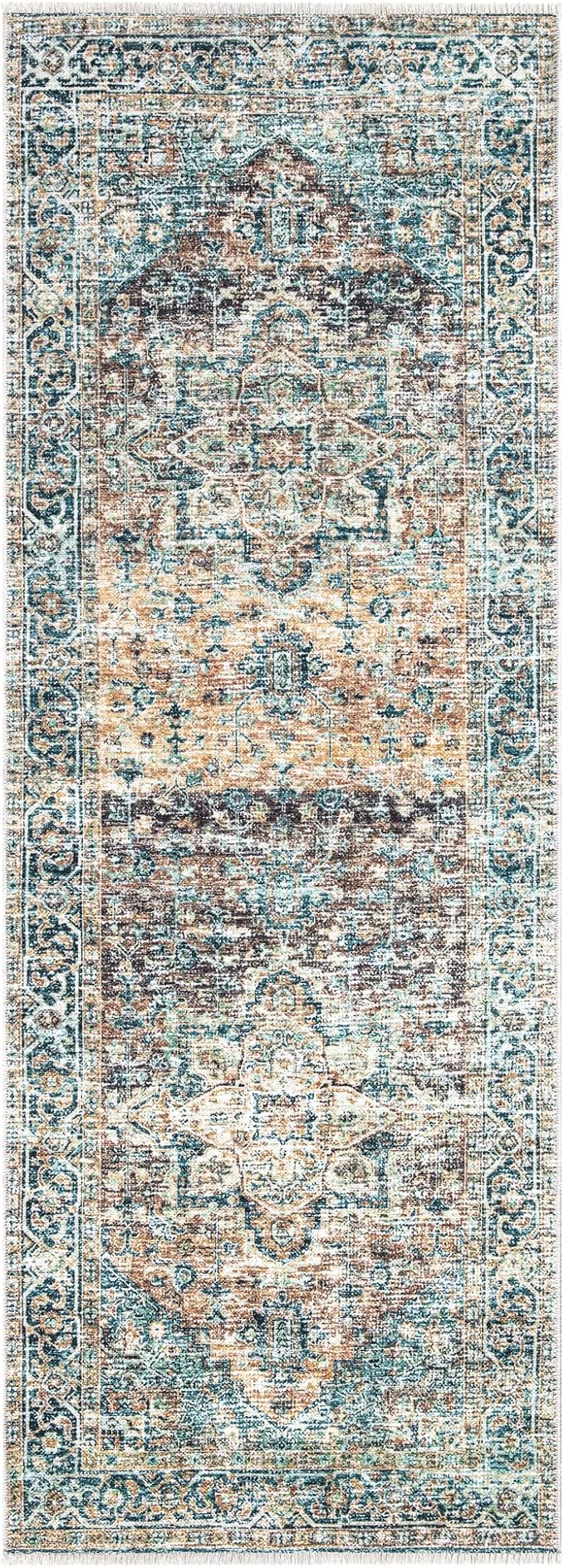 Bloom Rugs Caria Washable Non-Slip 7 ft Runner - Blue Green/Tangerine Traditional Runner for Entryway, Hallway, Bathroom, and Kitchen - Exact Size: 2'6" x 7'