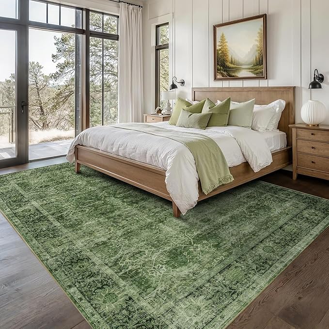 8x10 Washable Area Rug Vintage Green Rug for Living Room Bedroom Low Pile Soft Non-Slip Boho Rug for Under Table Boho Distressed Retro Carpet for Bedroom Kitchen Office Dining
