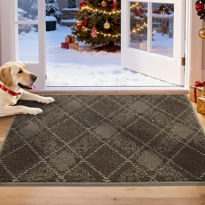 COSY HOMEER Plaid Door Mat 20" x 32",Dirt Trapper Entryway Rugs,Non-Slip Washable Farmhouse Doormat,Low Profile Welcome Mats for Paws Brown
