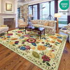 8x10 Machine Washable Area Rug for Living Room, Green Vintage Boho Floral Rug Large Non-Slip Low Pile Soft Faux Wool Carpet, Kids and Pets Friendly for Bedroom Dining Room Farmhouse Home Decor Rug