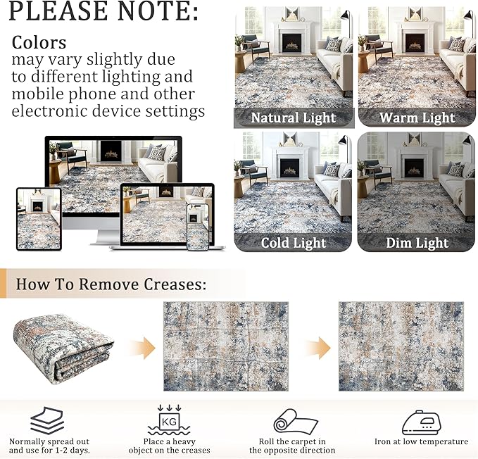 8x10 Washable Area Rug for Living Room, Multicolor Modern Vintage Abstract Rug Large Non-Slip Low Pile Soft Faux Wool Carpet, Kids and Pets Friendly for Bedroom Dining Room Farmhouse Home Decor Rug