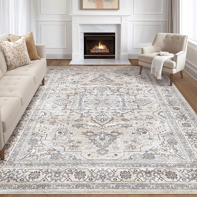 7x10 Area Rug Living Room: Washable Boho Large Neutral Vintage Soft Rugs Stain Resistant Farmhouse Non Slip Indoor Floor Carpet for Bedroom Nursery Kids Playroom Office Dining Room- Ivory Gray