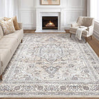 7x10 Area Rug Living Room: Washable Boho Large Neutral Vintage Soft Rugs Stain Resistant Farmhouse Non Slip Indoor Floor Carpet for Bedroom Nursery Kids Playroom Office Dining Room- Ivory Gray