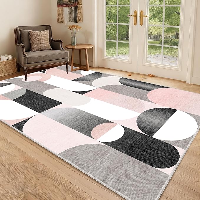 Pink Rug 3x5 Washable Area Rugs for Bedroom Living Room Kitchen Entryway Bedside,Modern Non Slip Carpet,Small Blush Grey Black