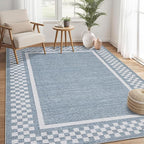 Small Bedroom Area Rug 3x5 Checkered Area Rug for Living Room Nursery Non Slip Kitchen Throw Carpet Low Pile Modern Bordered Rugs Washable Bathroom Mat Soft Brown Rugs for Laundry Entryway, Blue
