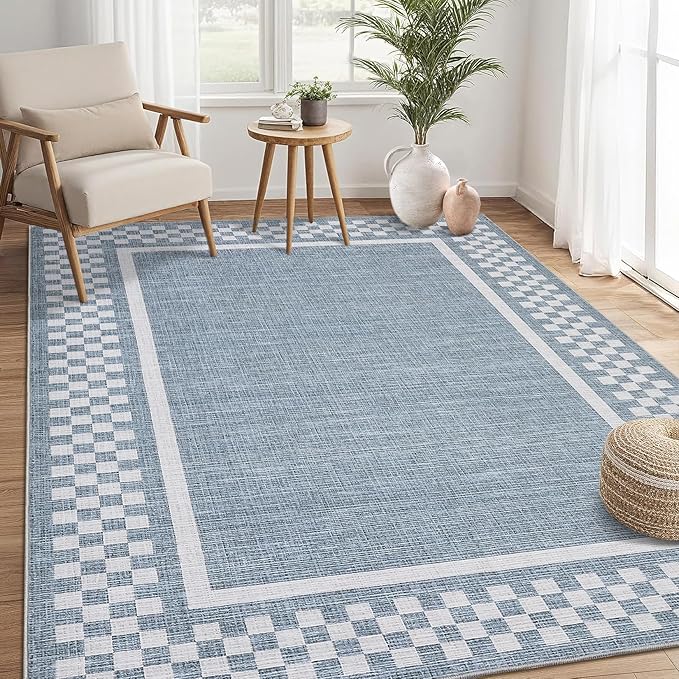 GarveeHome 5x7 Washable Area Rug for Bedroom Living Room Non Slip Modern Bordered Throw Rugs Low Pile Soft Checkered Dining Room Area Rugs Geometric Throw Carpet for Kitchen Nursery Office, Blue