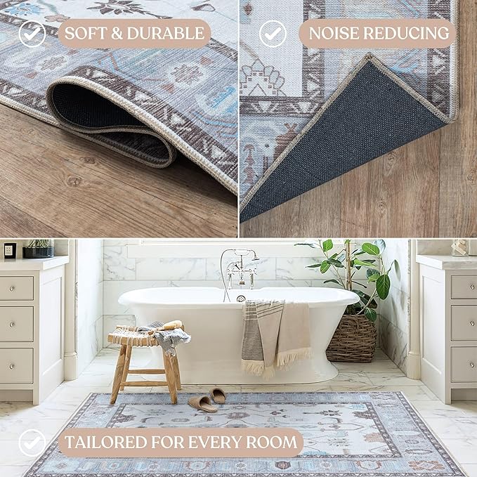 Fame Living Cream Grey Oushak Rug, Modern, Vintage, Turkish, Eclectic, Floral, Pastel, Washable, Extra Large Area Rugs for Living Room, Dining, Bedroom, Lounge, 9'x12'