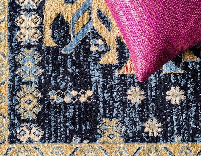 Unique Loom Taftan Collection Border Geometric Tribal Inspired Design Area Rug (9' 0 x 12' 0 Rectangular, Navy Blue/ Gold)