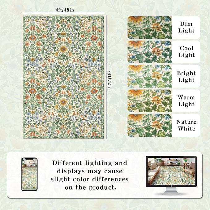 4x6 Grass Green Floral Boho Area Rug,Low-Pile Stain Resistant Non-Slip Machine Washable Carpet for Living Room,Bedroom, Kitchen,Entryway,Dining Room, Nursery