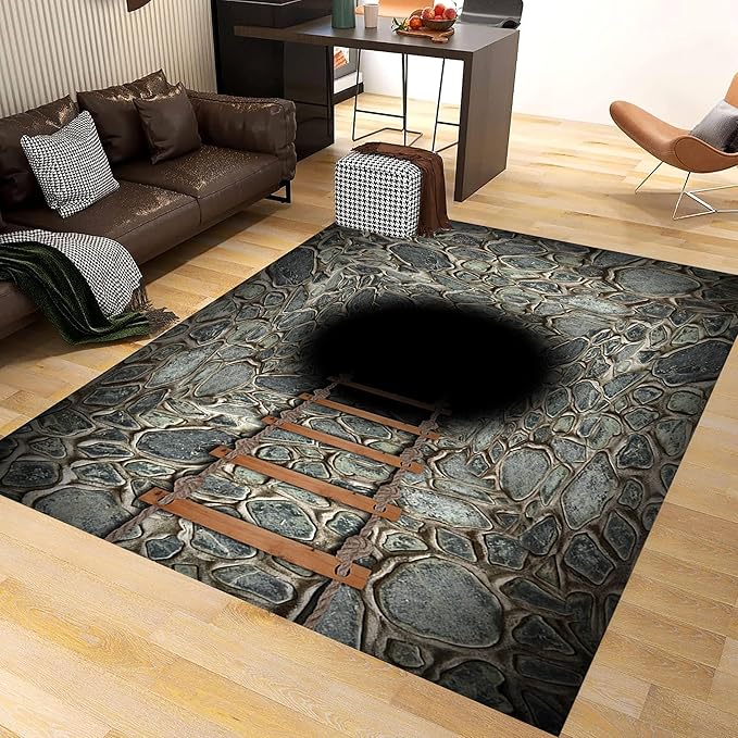 3D Deep Abyss Canyon Indoor Rug, 8x10ft, Stone Built Cave Wooden Ladder Carpet for Entryway, Durable Non-Shedding Pet Friendly Mats, Floor Decor Low Pile Easy Clean Rugs for Family