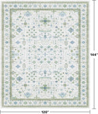 Washable Rugs for Living Room 10x12 - Cream Blue and Green Oriental Floral Geometric, Low Pile Non Slip Extra Large Area Rug for Dining Under Table, Bedroom, Lounge