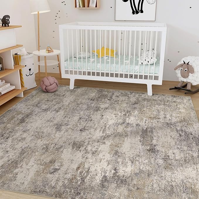 Nakagishi 7x9 Area Rugs Living Room: Washable Abstract Large Neutral Soft Rug Stain Resistant Modern Indoor Floor Non-Slip Carpet for Bedroom Nursery Kids Playroom Office Dining Room Dorm- Brown Grey
