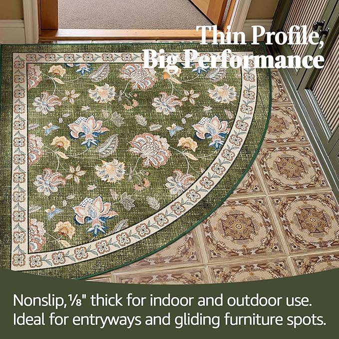 jinchan Elora Floral Corner Rug for Entryway Washable Kitchen Rug Vintage Romance Design Non Slip Quarter Circle Lightweight Low-Pile Throw Carpet for Playroom Reading Nook Nursery, 4ft Radius, Green