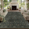 8x10 Floral Washable Area Rug for Living Room, Vintage Boho Rug for Bedroom Dining Room， Distressed Botanical Birds Non Slip Low Pile Forest Animal Throw Carpet for Farmhouse Office, Dark Green