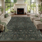 8x10 Floral Washable Area Rug for Living Room, Vintage Boho Rug for Bedroom Dining Room， Distressed Botanical Birds Non Slip Low Pile Forest Animal Throw Carpet for Farmhouse Office, Dark Green