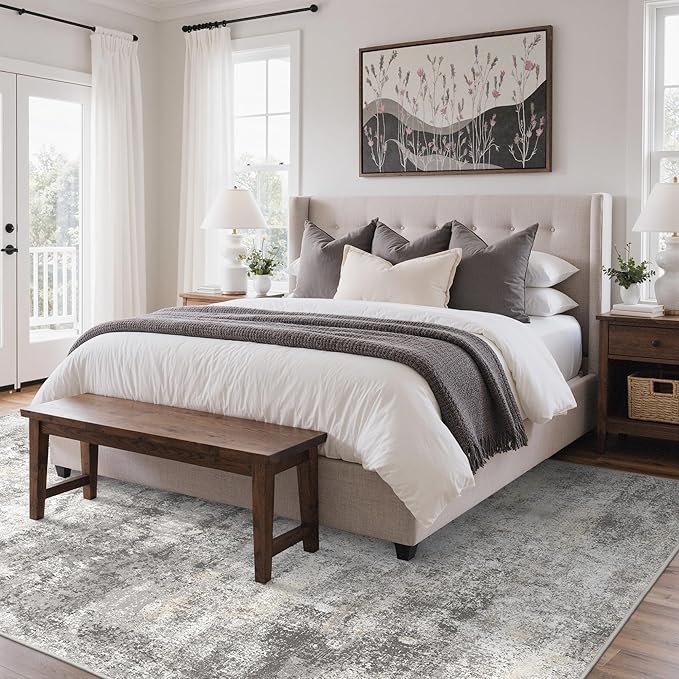 8x10 Area Rugs Washable Grey Rug for Living Room Bedroom, Modern Abstract Large Rug Non Slip, Water Repellent Low Pile Soft Carpet for Dining Room, Home Office, Grey Beige