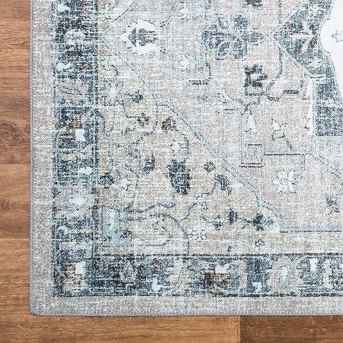 Bloom Rugs Washable Non-Slip 12 ft Runner - Pebble Gray/Blue Traditional Medallion Runner for Entryway, Hallway, Bathroom, and Kitchen - Exact Size: 2.5' x 12'