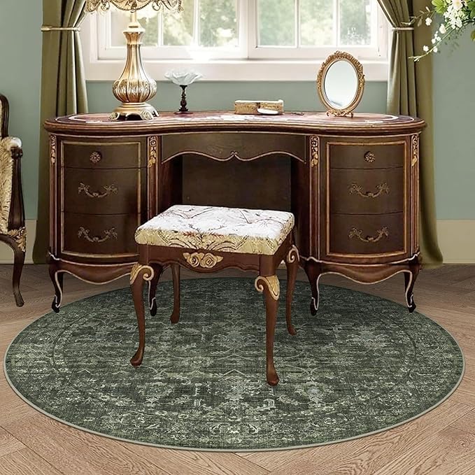 4ft Round Washable Area Rugs for Living Room, Vintage Boho Large Rug for Bedroom Dining Room Office, Distressed Floral Print Carpet for Under Table, Soft Non Slip Low Pile Throw Indoor Mat, Green