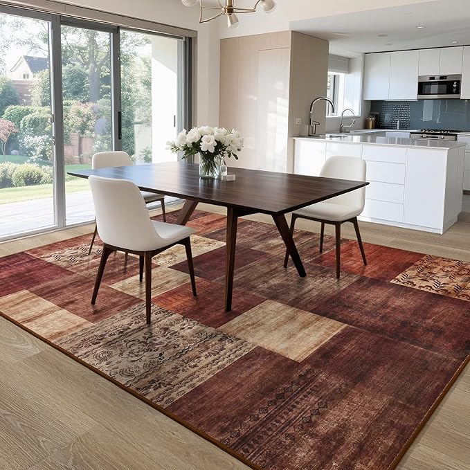 Tepook Modern Area Rug for Living Room, 5x7 Geometric Large Rugs for Bedroom, Washable Patchwork Rug Indoor Non-Slip Throw Carpets for Dining Room Office Farmhouse Home Decor, Red