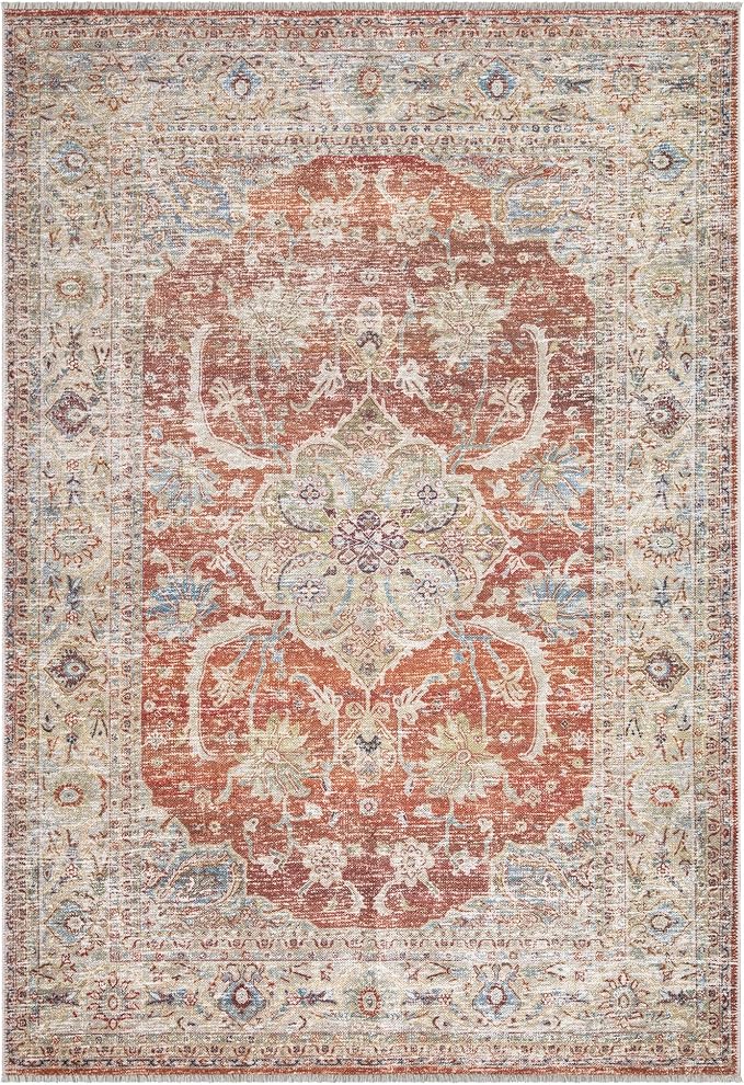 Bloom Rugs Washable Non-Slip 2x3 Rug - Orange/Olive Beige Traditional Oriental Area Rug for Living Room, Bedroom, Dining Room, and Kitchen - Exact Size: 2' x 3'