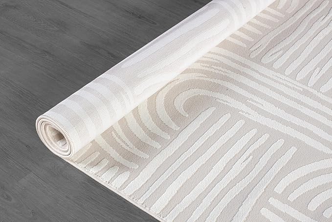 Beverly Rug Modern Geometric Area Rug 9x12 Low-High Pile Durable Soft Abstract Curved Indoor Rugs for Living Dining Room Office Stain Resistant Non Shedding Casual Indoor Carpet Beige White 9 x 12