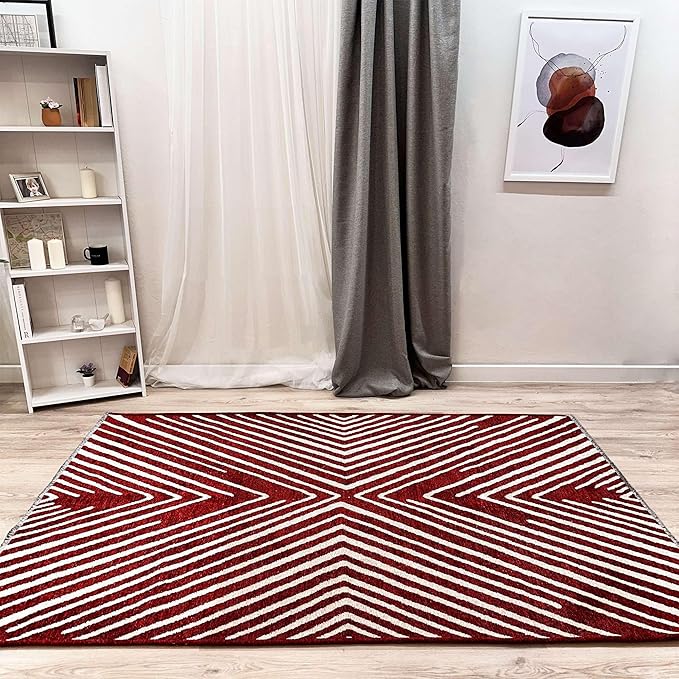 Alfa Rich 7x10 Geometric Red Burgundy Off White Washable Area Rugs for Living Room Bedroom Rug