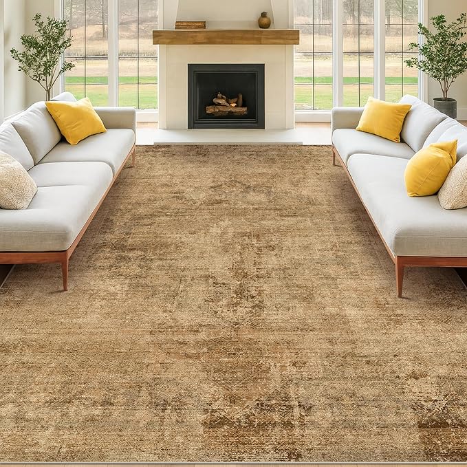 Farmhouse 8x10 Rugs for Living Room - Brown and Gold Dining Room Area Rugs for Bedroom, Washable, Soft, Lightweight & Stain Resistance, Neutral Dark Vintage Medallion Decor