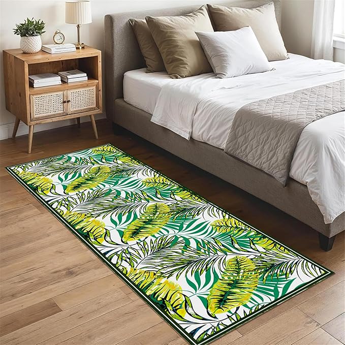 Green Botanical Tropical Leaves Rug 3.3x7ft - Non-Slip Washable Runner, Soft Durable Floor Mat for Hallway, Kitchen, Bedside, Entryway Home Decor