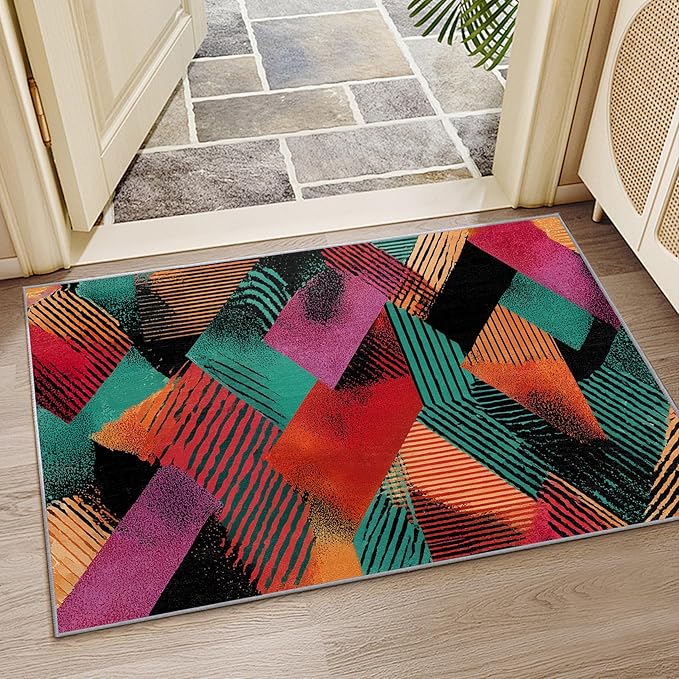 Patchwork Rug, Abstract Geometric Art Area Rug 6x8, Multicolor Retro Aesthetic Low Pile Non Skip Carpets Home Decor #C035